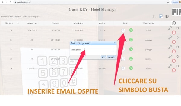 invio email codice apertura camera hotel